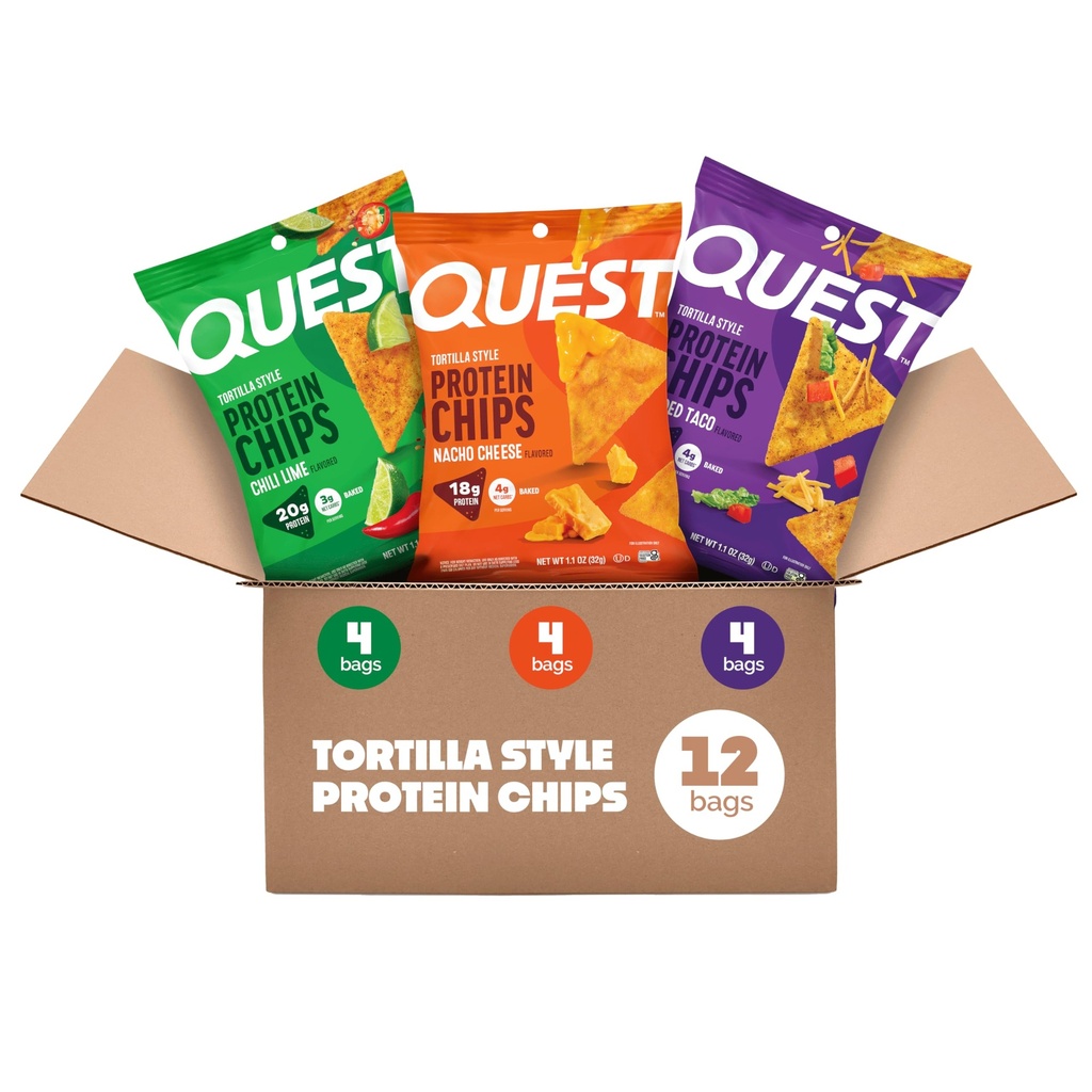 Quest Nutrition Tortilla Style Protein Chips Variety Pack, Chili Lime, Nacho Juusto, Ladattu Taco, Low Carb, Korkea proteiini, Gluteeniton, 1,1 oz (Pakkaus 12)
