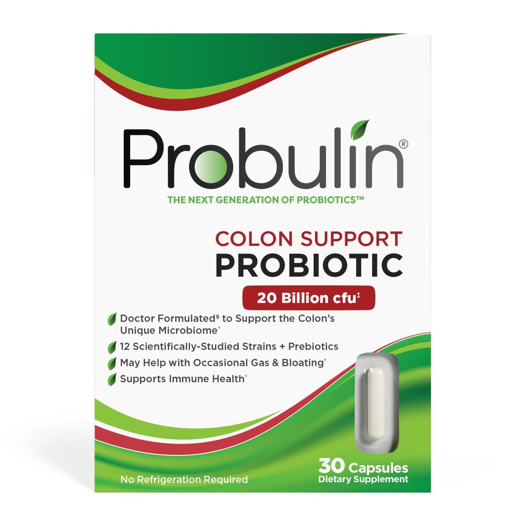 Probuliini Colon Support Daily Probiootti + Prebiootti + Tuki Gut Health, Satunnainen kaasu ja turvotus - 20 miljardia PMY - 12 kanta, 30 vegan kapselit