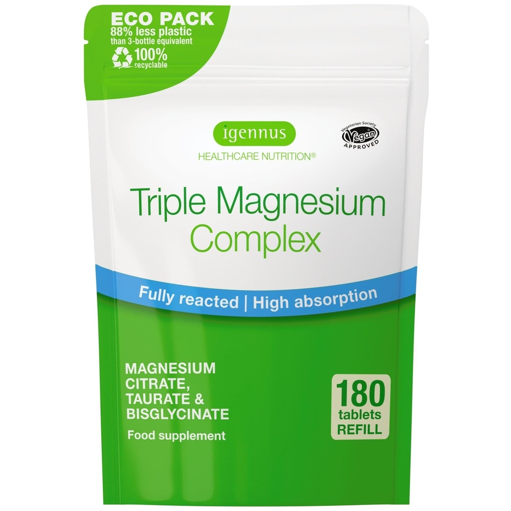 Igennus Superior Triple Magnesium Complex, täysin reacted & Celated Glycinate, Taurate & Citrate, puhdas etiketti, korkea hyötyosuus & imeytyminen, 180 tablettia, vegaaninen, ei puskuroitu