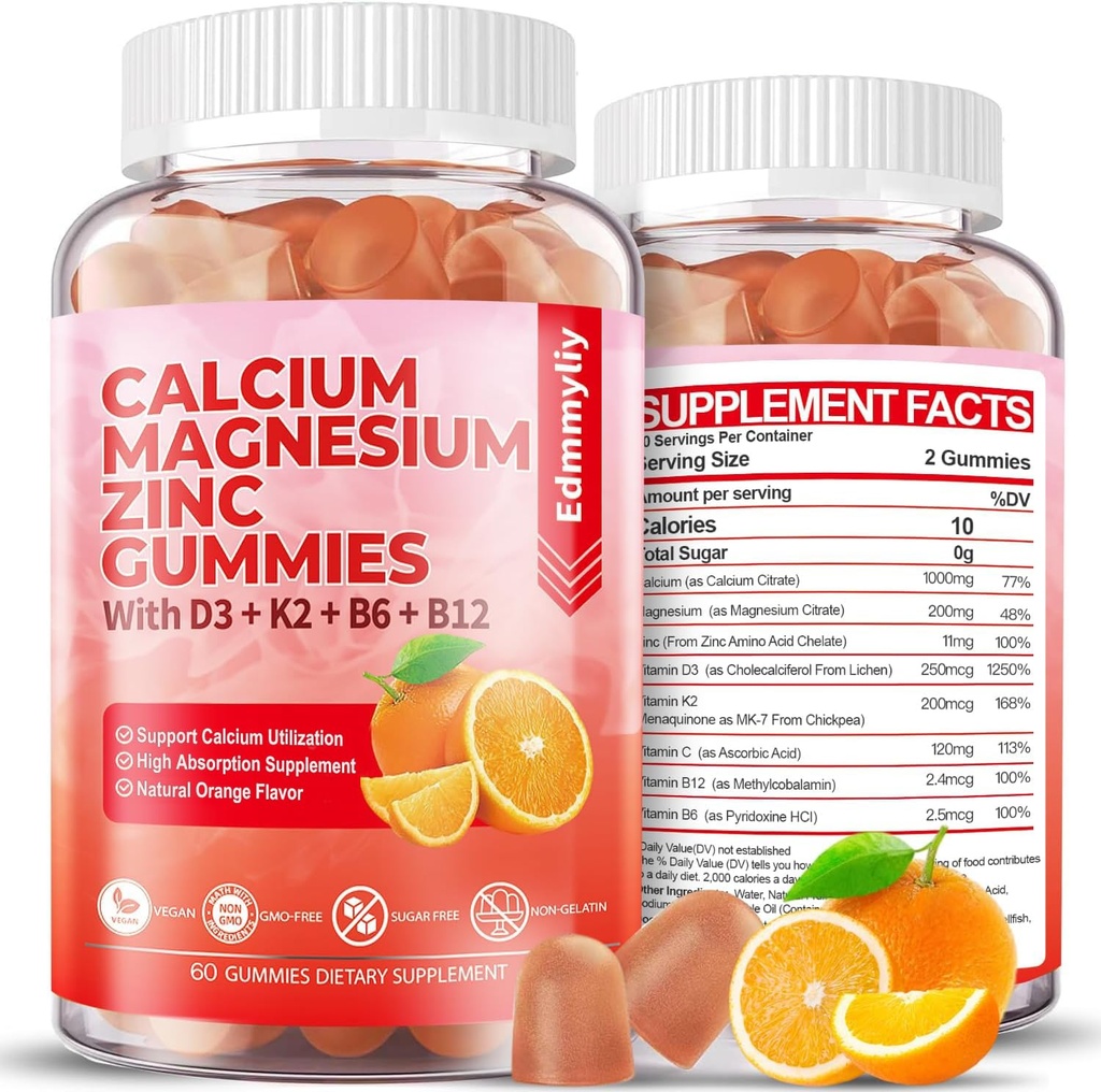 Sugar Free Calcium Magnesium Zink Supplement Gummies med vitamin D3 & B12 för kvinnor och män Hög Absorption Calcium Magnesium Supplement för immunstöd (120 grejer)