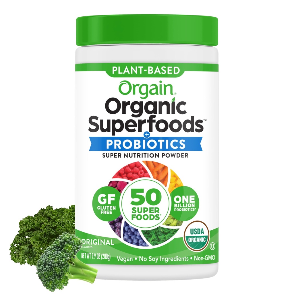 Orgain Organic Greens Powder + 50 Superfoods, Original - 1 Billion Probiotics for Digestive Health, Antioxidants, Vegan, Plant-Baseed, Gluteeniton, ei-GMO, Green Juice & Smoothie Drink Mix - 0,62lb