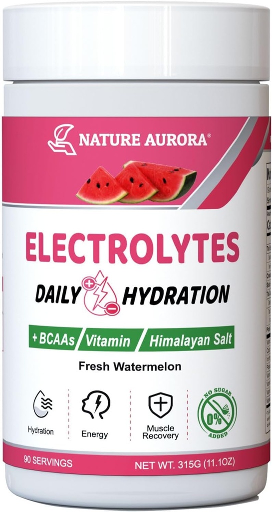 Elektrolyyttejä Powder No Sugar, Fresh Watermelon Elektrolyyttijauhe, Hydraation Powder, Enhanced with Himalajan Salt, BCAAs, ja B-Vitavans, No Calories, Sokeriton Keto Electrolyte Drink - 90 tarjoilut