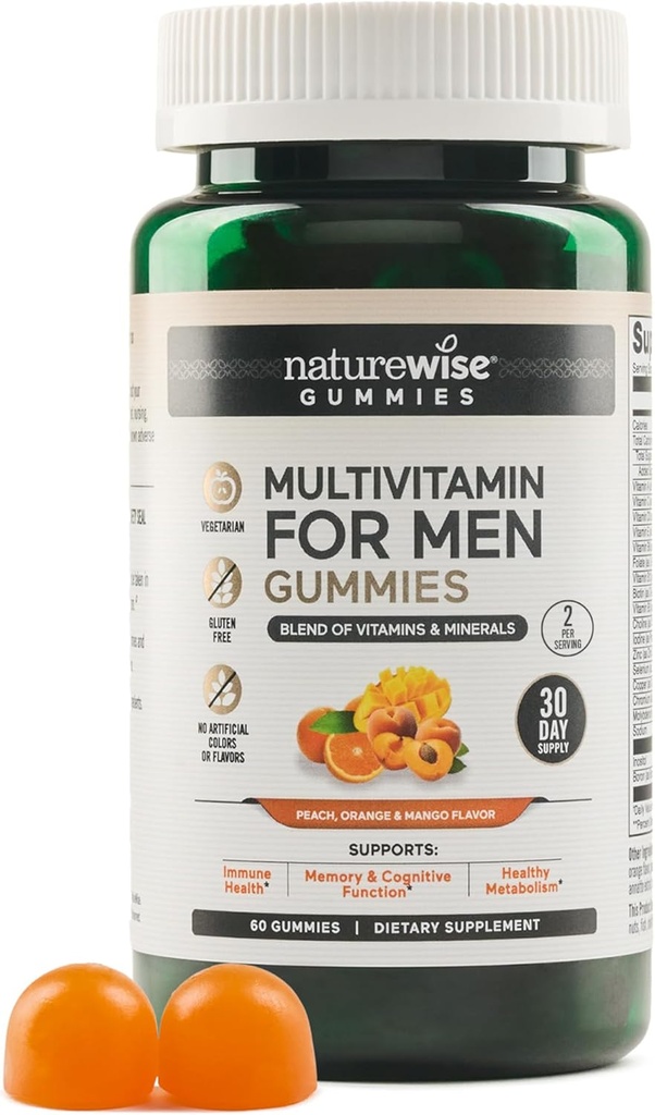 NatureWise Multivitamin för Män, Gummies Peach Mango Flavor, för immunhälsa med mineraler och vitamin A, C, D, E, B6 och B12, Vegetarian, Soy-Free, Non-GMO, 60 Count[1-Month Supply]