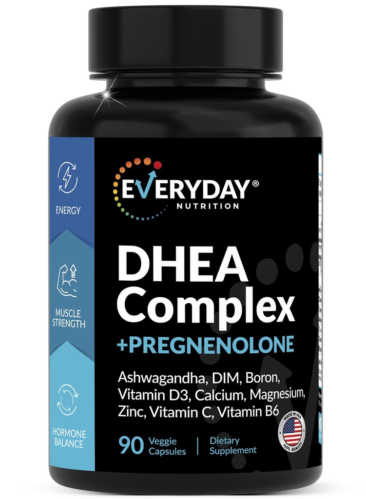 DHEA Micronized 200mg Complex Pregnenolone 100mg täydentää miesten & naisten kanssa Ashwagandha, DIM, Magnesium, Boron, Kalsium, Sinkki, D3-vitamiini ja B6-hormoni tuki - valmistettu USA 90 kapselia