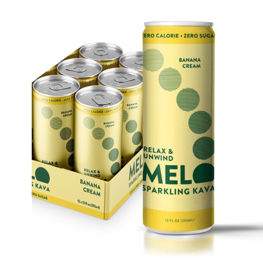 Melo Sparkling Kava Drink, Banana Cream, Sokeriton Ei alkoholiton Drinks with Zero Calories, Gluteeniton, Vegan, 100% Natural Mocktail 100 mg Kava Root per Drink, 6 Pack, 12 oz Cans