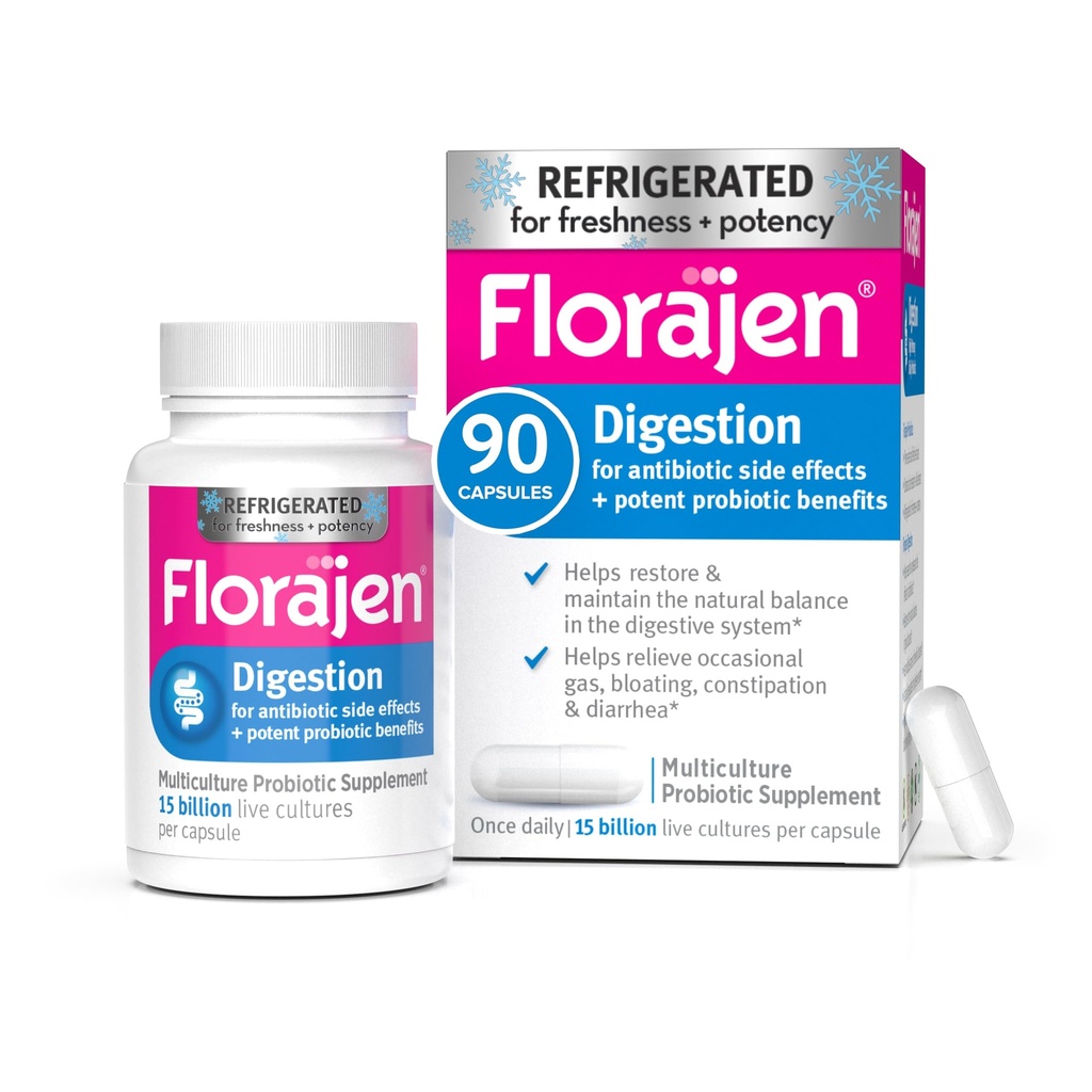 Florajen Digestion Probiotic - Avancerad Gut Health Supplement för förstoppning och uppblåst lättnad - 15 miljarder levande kulturer - Multi-Strain Formel - Kylerad för styrka och friskhet - 90 kapslar