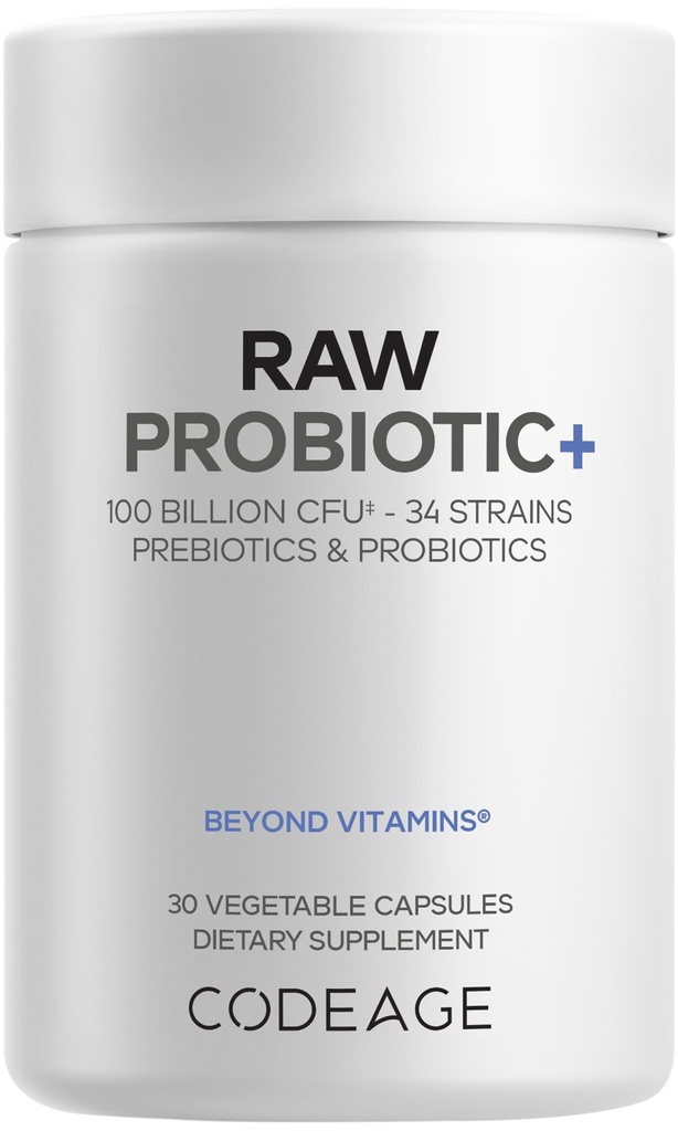 Codeage Raw Probiotic + Supplement - 34 Probiotiska stammar, 100 miljarder CFUs, Raw Whole Food Probiotics, Digestive Enzymes, Raw Fruits & Veggies Prebiotics - Wild Kefir Culture - Non-GMO - 30 kapslar