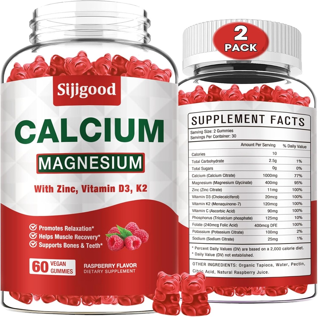 2 Pack Calcium Magnesium Zink Gummies med vitamin C D3 K2, Calcium Gummies för ben, Muscle, Calm & Zzz Support, Hög Absorption Formel med Magnesium Zink Kalium, Raspberry Flavored 120 Cts