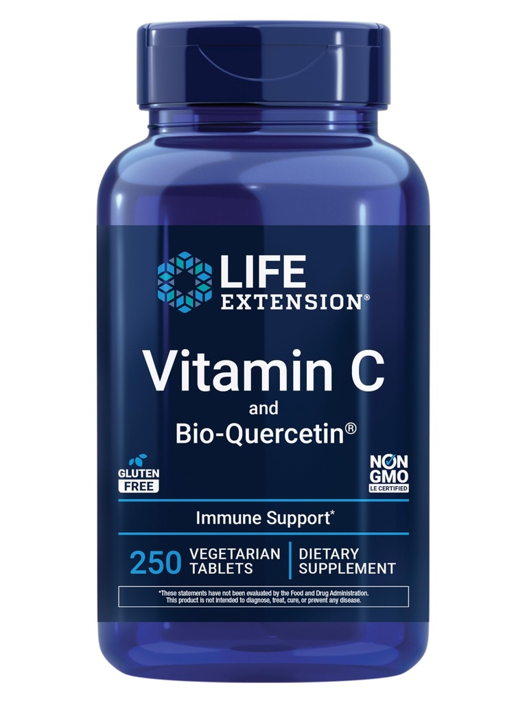 Life Extension Vitamin C och Bio-Quercetin®, Cardiovascular Health Supplement, Immune Support, Högt absorberbar, quercetin, Vitamin C, Gluten Free, Non-GMO, Vegetarian, 250 tabletter