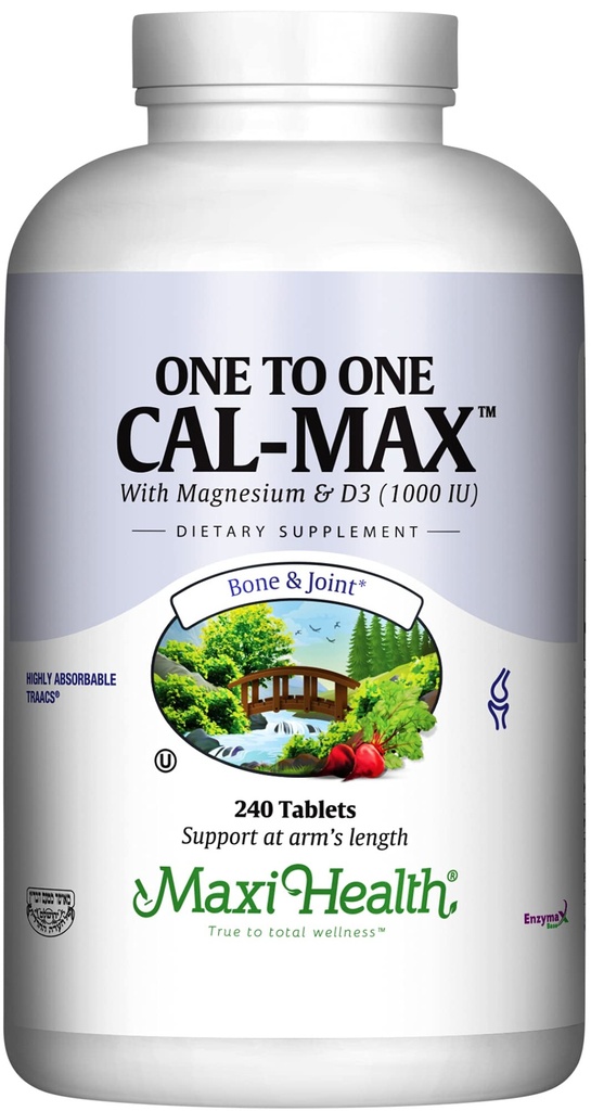 Maxi Health 500 mg kalciumtillskott med vitamin D3 (1000 IE) och magnesium (500 mg) - Ben, tänder och gemensamt stöd för män och kvinnor - 240 tabletter