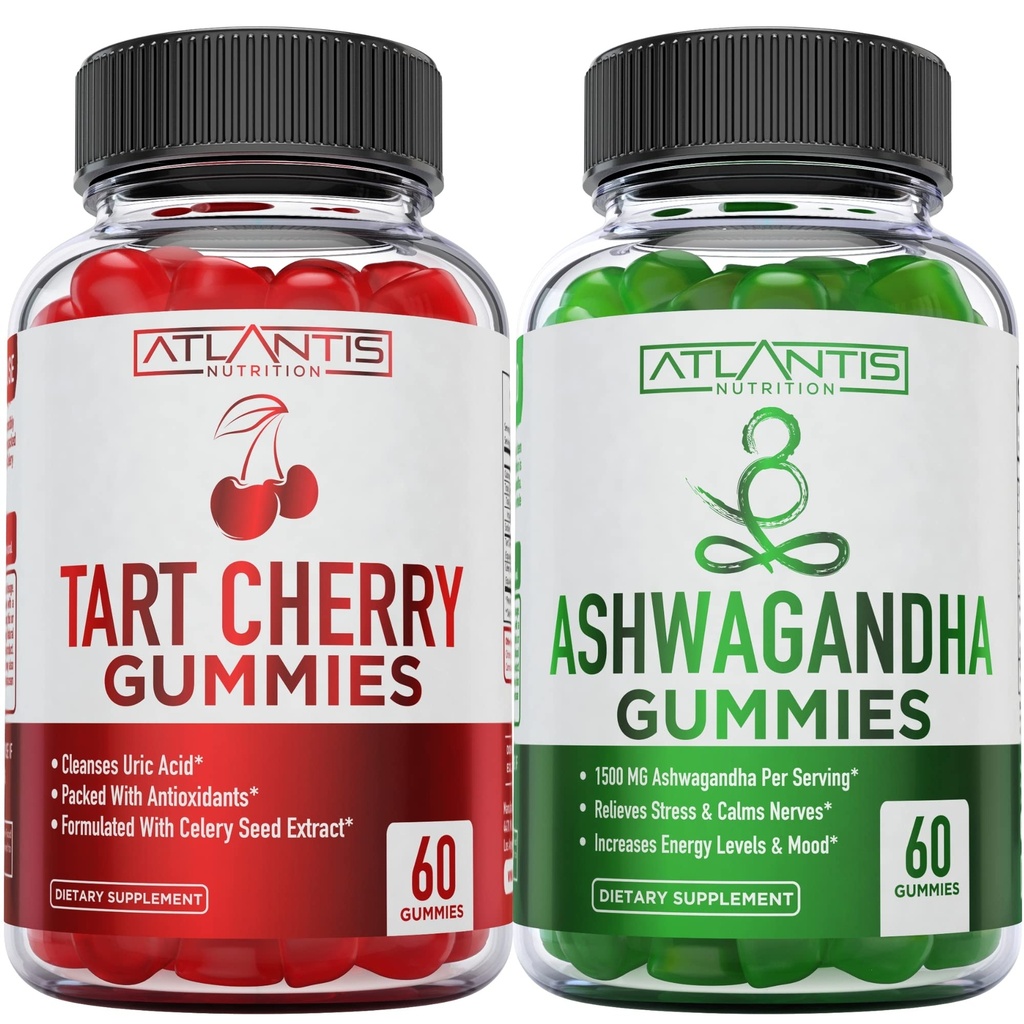 60 Ashwagandha Gummies + 60 Tart Cherry Gummies -Ashwagandha ökar energinivåer och stärker immunsystemet - Tart Cherry har avancerat urinsyra rensning för omedelbar giktsmärta