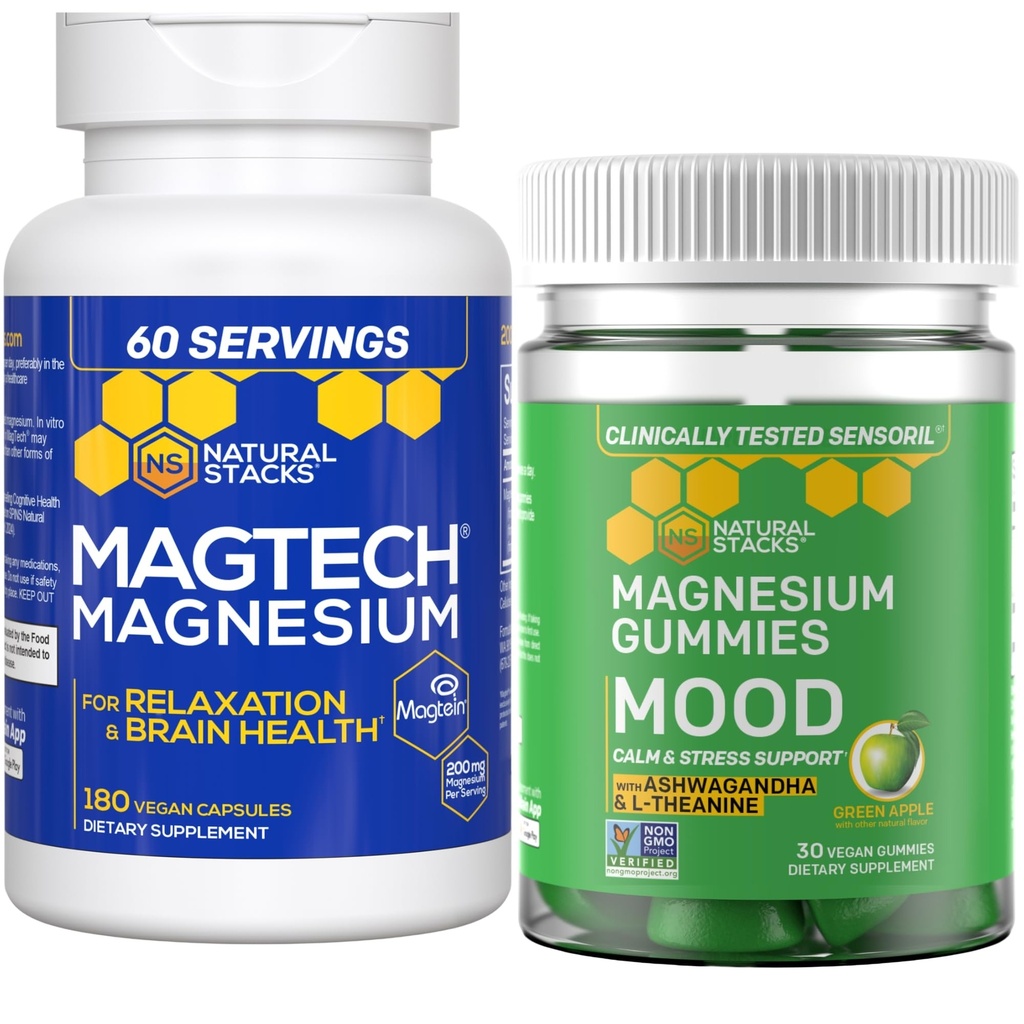 Luonnollinen pinot Magtech Magnesium + Mieliala Magnesium Gummies Bundle - 4 muotoja magnesium - rentoutuminen, aivojen terveys & stressi tuki* - 210 yhteensä