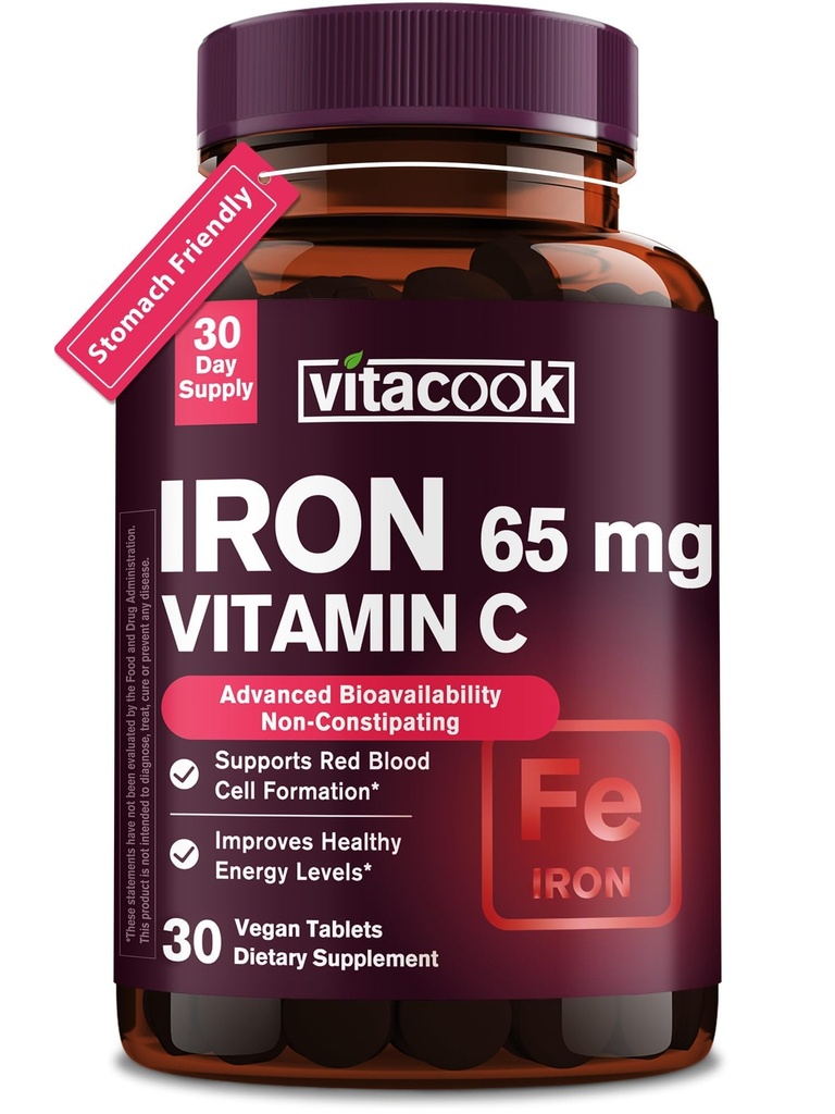 Rauta Supplement for Women Miehet Korkea teho Rauta 65 mg kanssa C-vitamiini 250 mg . Vatsan ystävällinen rauta pillereitä Red Blood Cell & Immuuni tuki Vegaani, ei-GMO & Gluteeniton . 30 Tabs