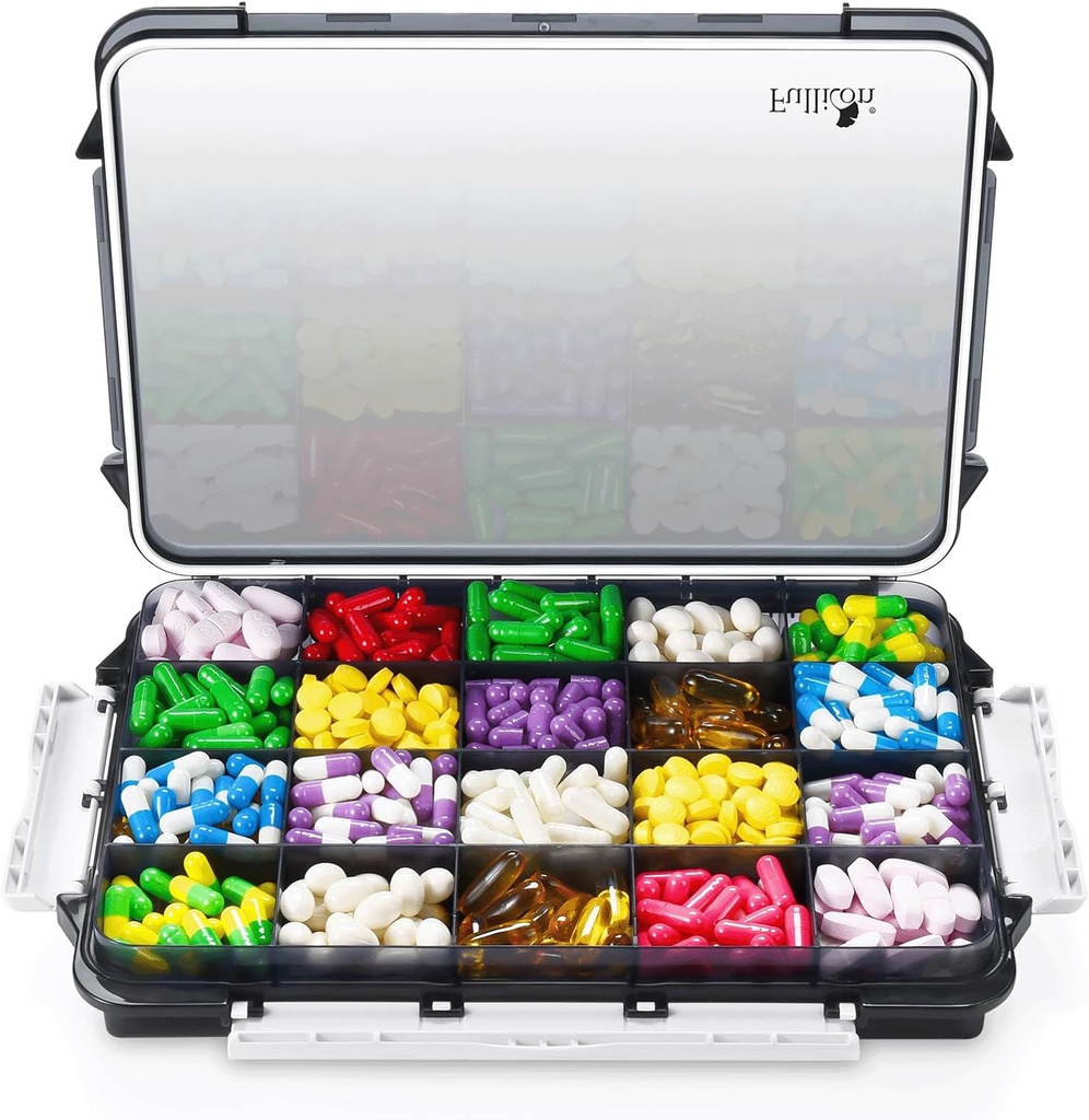 Fullicon Extra Large Pill Organizer Kosteus Proof Design, Travel Jumbo Pill Box 20 Osasto, täydentää Organizer vitamiineja 3 Secured Buckles (musta)