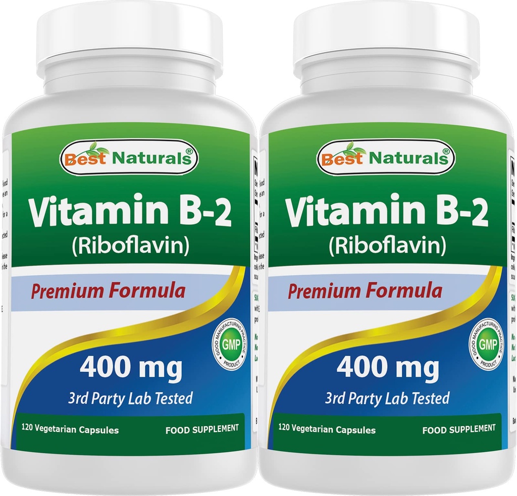 Bästa Naturals Vitamin B2 (Riboflavin) 400mg - Migraine Relief - Veggie Capsules - Conezyme Precursor - 120 Count (120 Count (Pack of 2)