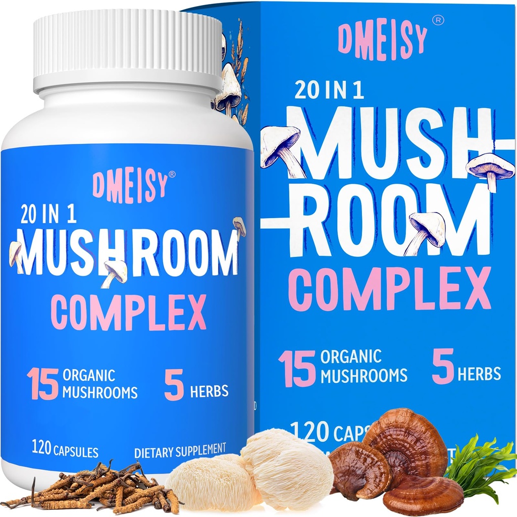 Mushroom Supplement 2600mg, 20-in-1 Sienikompleksi, Lions Mane, Cordyceps, Reishi, Turkey Tail, Chaga - aivojen lisäravinteet muistia ja keskittyä, muistin täydentää, Mieliala, Immuniteetti, 120 kapseli
