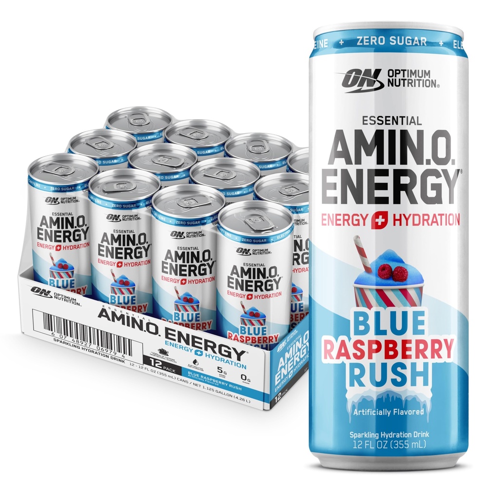 Optimum Nutrition Amino Energy Sparkling Hydration Drink, Electrolytes, Kofeiini, Aminohapot, BCAAs, Sokeriton, Uusi Sininen Vadelma Rush, 12 Fl Oz, 12 Pack (Pakkaus May Vary)