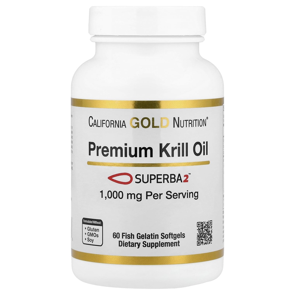 California Gold Nutrition Premium Krill Oil with Superba2 Biosable Omega-3s from Antarktis Krill - Heart & Brain Health Support - Gluteeniton, ei-GMO - 1000 mg - 60 Kala Liivate Softgels