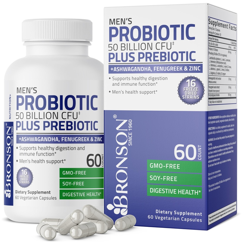 Bronson Mäns Probiotiska 50 miljarder CFU Plus Prebiotic med Ashwagandha, Fenugreek & Zink, stöder hälsosam matsmältning och immunfunktion Non-GMO, 60 vegetariska kapslar