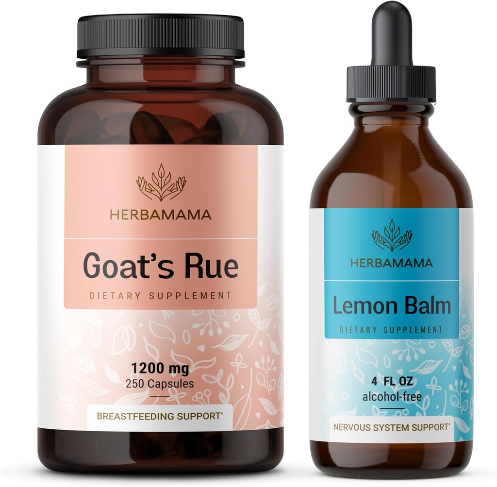 HERBAMAMA Goat's Rue and Lemon Balm Kit - Bundle of 1200 mg Goat's Rue Capsules & Lemon Balm Liquid Drops 4 fl oz - Vegaani, ei-GMO, sokeria & alkoholiton - 2 pakkaus