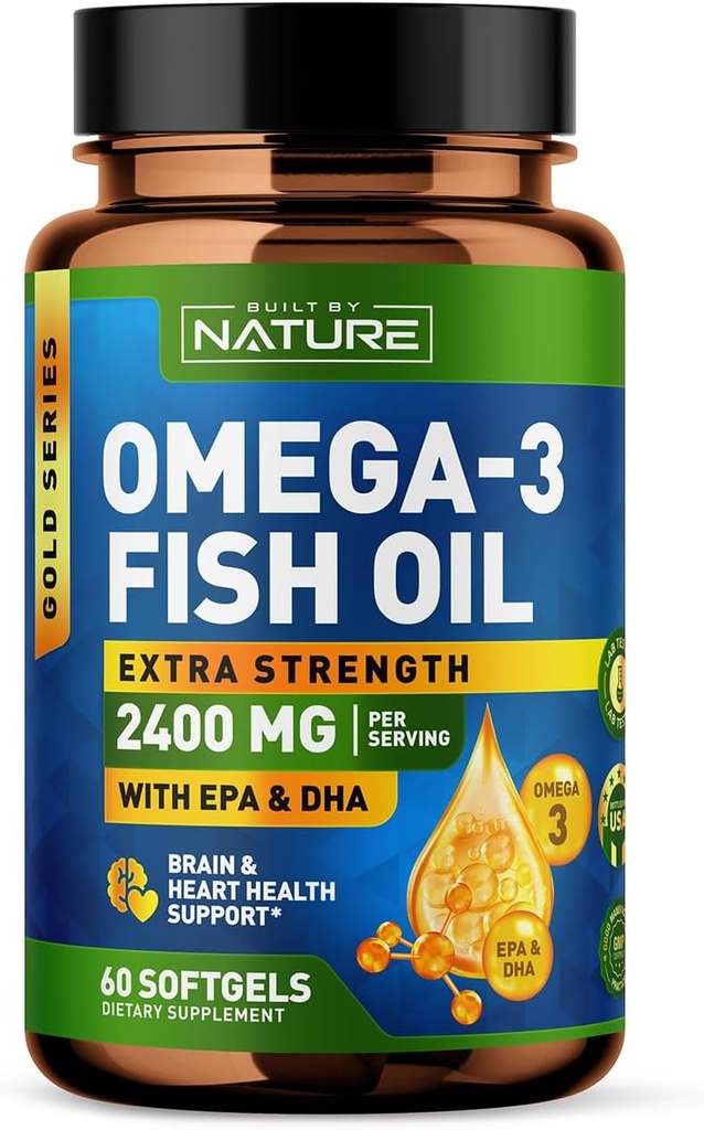 Rakennettu Nature Omega 3 Fish Oil Soft Geels - 2400 mg Fish Oil, 1440 mg Omega 3, 864 mg EPA, 576 mg DHA - Extra Strength Brain & Heart Health Support Supplement - 60 Softgels