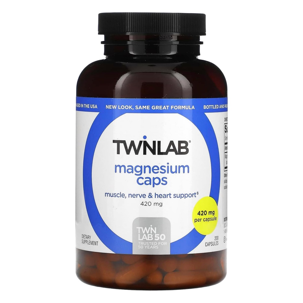 Twinlab Magnesium Caps - High Absorption Magnesium Supplement för att stödja Leg Cramps Relief - Magnesium kapslar för stressavlastning, 420 mg, 200 greve, 1 Pack