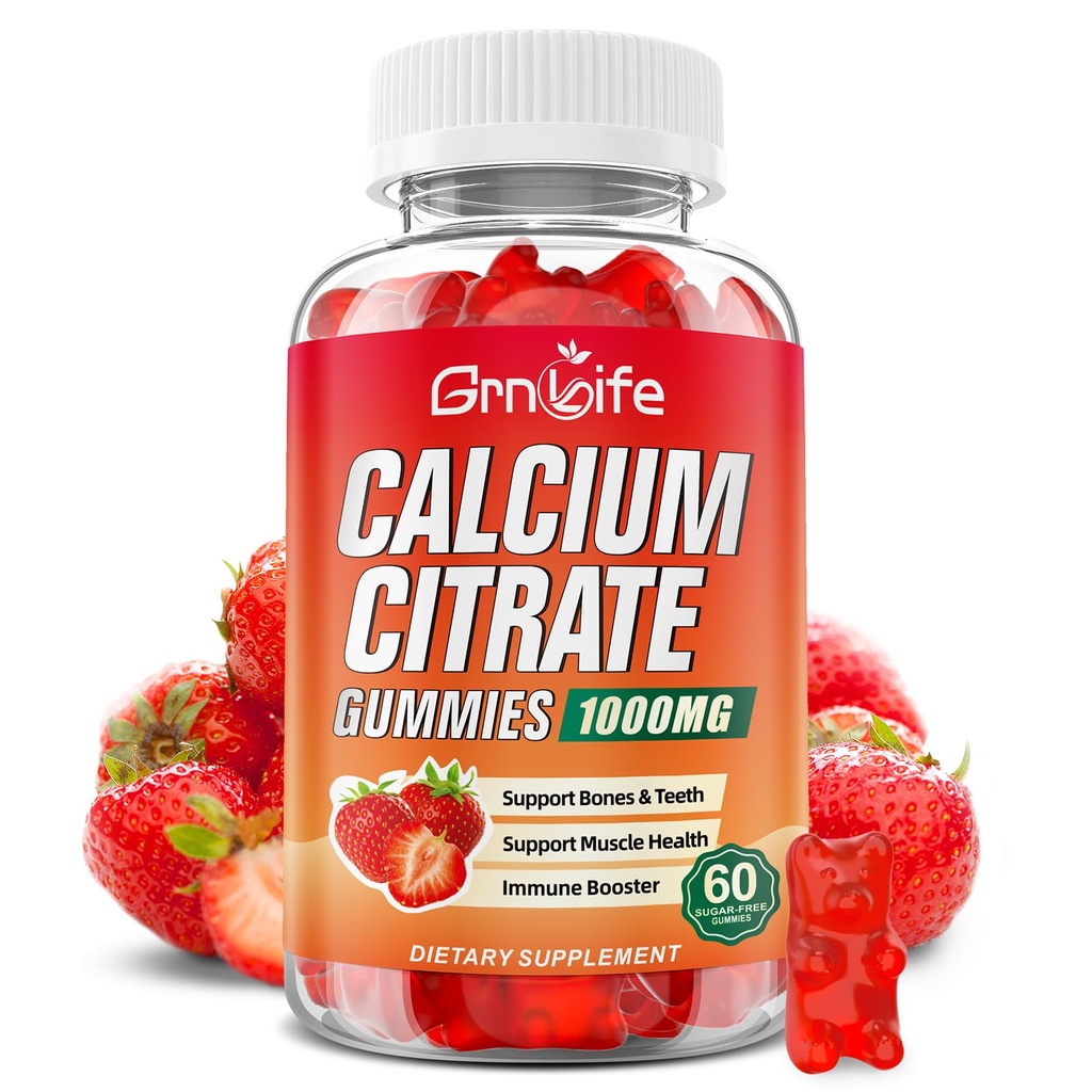 Calcium Citrate Gummies, Sugar Free Calcium Citrate 1000mg för Muscle Healthy, Absorption Calcium Supplements för vuxna och barn, jordgubbar, 60 greve
