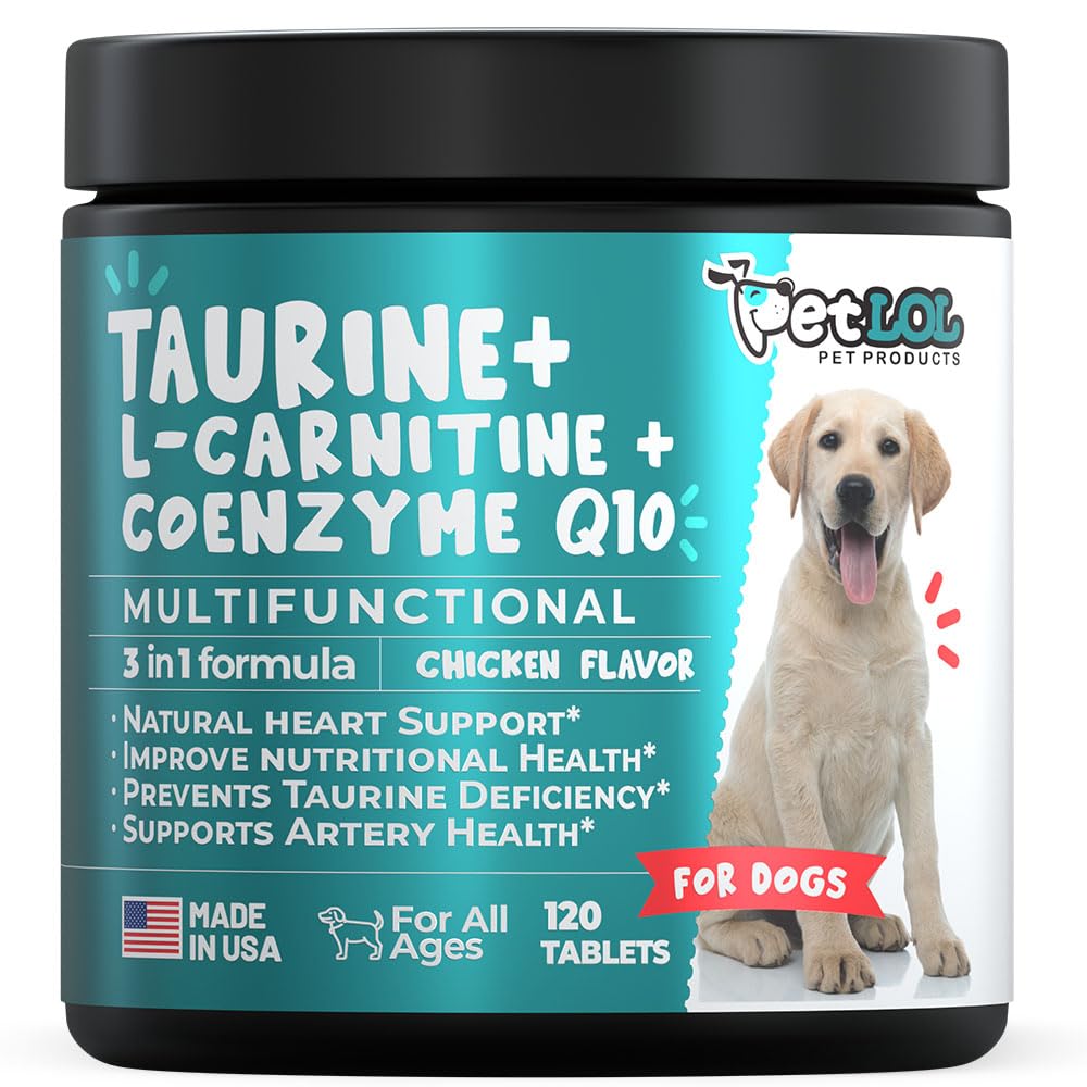 Tauriini täydentää koirille L-karnitiini ja Coenzyme Q10 (CoQ10): Eläinlääkärin lausunto Laajennettu sydän (DCM), Kongestiivinen sydämen vajaatoiminta, Tauriini puute: 3-in-1 .