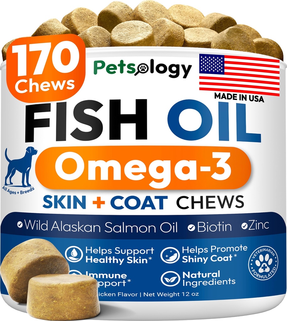 Omega 3 Fish Oil för hundar - 170 Chews - Omega 3 för hundar Itchy Skin & Allergy Relief - Skin & Coat Supplement - EPA & DHA Fatty Acids - Dog Anti Shedding & Hot Spot Behandling - Salmon Oil