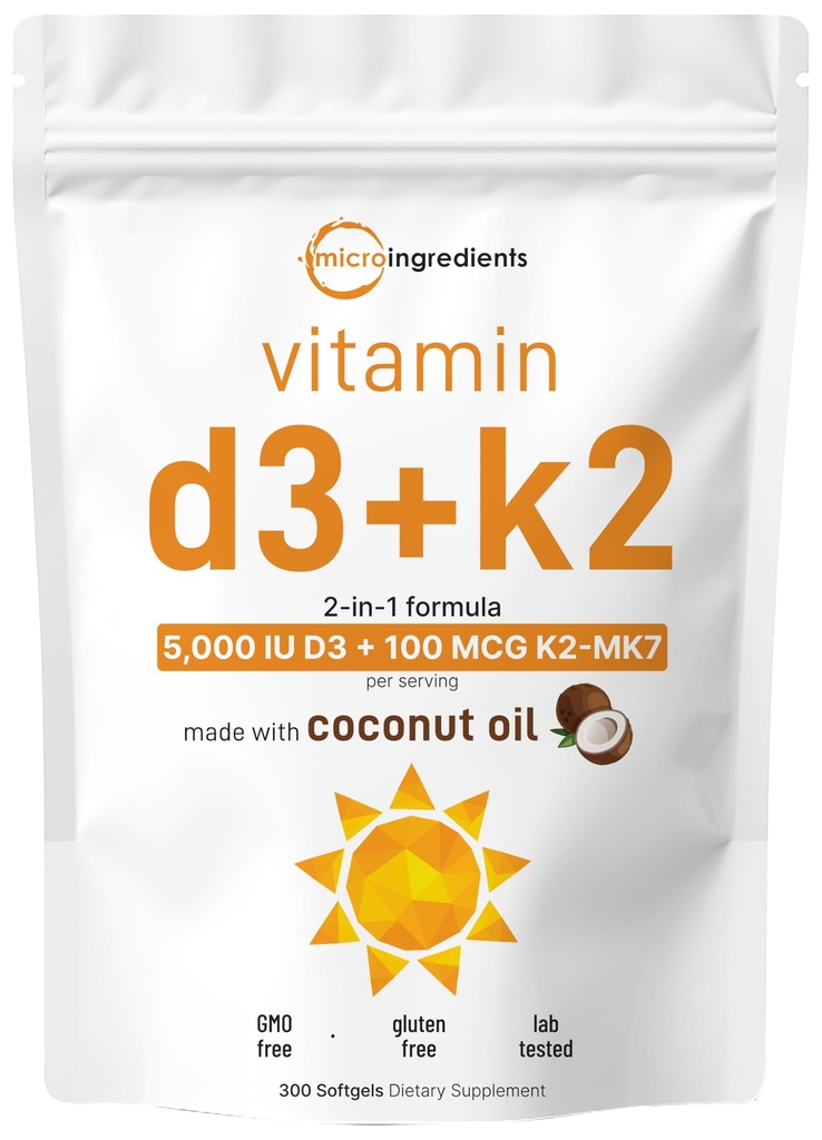 Micro Ingredients D3-vitamiini 5 000 IU + K2 MK-7 100 mikrog, 300 Softgels 