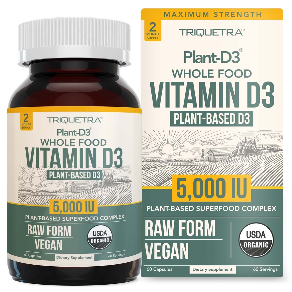 Orgaaninen D3-vitamiini 5 000 IU - 100% Koko ruoka- ja kasvipohjainen kolekalsiferolilomake, 100% vegaaninen D-vitamiini - Enhanced with Prebiotic & Superfood Complex ... Organic, Vegan, GMO & Gluteenittomat (60 kapselia)