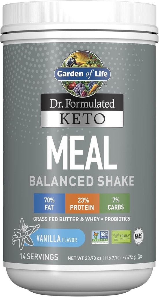 Elämän puutarha Dr. Formulated Keto Meal Balanced Shake - Vanilla Powder, 14 Tarjoilut, Todella Grass Fed Butter & Whey Protein plus Probiootit, Ei-GMO, Gluteeniton, Ketogeeninen, Paleo Aterian korvaaminen