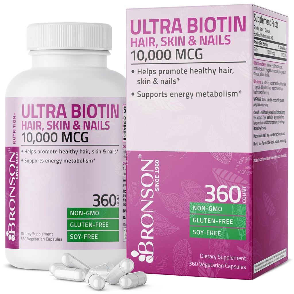 Bronson Ultra Biotin 10 000 Mcg hiusten ihoa ja kynsiä täydentää, ei-GMO, 360 kasvissyöjä kapseli