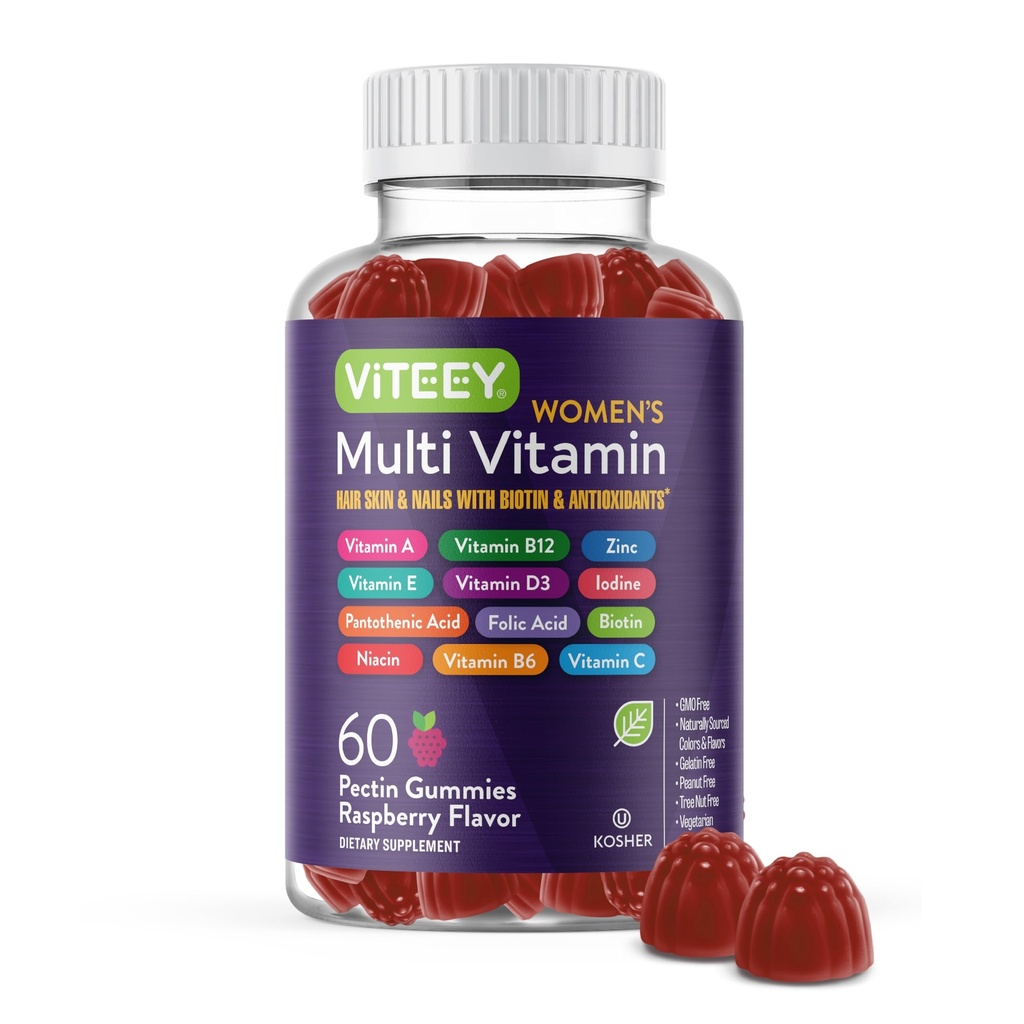 Vitey Naisten monivitamiini Gummies - Immuuneja tukea - 12 in 1 Essential Vitamiinit & Minerals - A-vitamiini, C, D3, E, B6, B12, Foolihappo, Biotiini, Kalsium, Sinkki & More - Kasvisruoka - Vadelma maku
