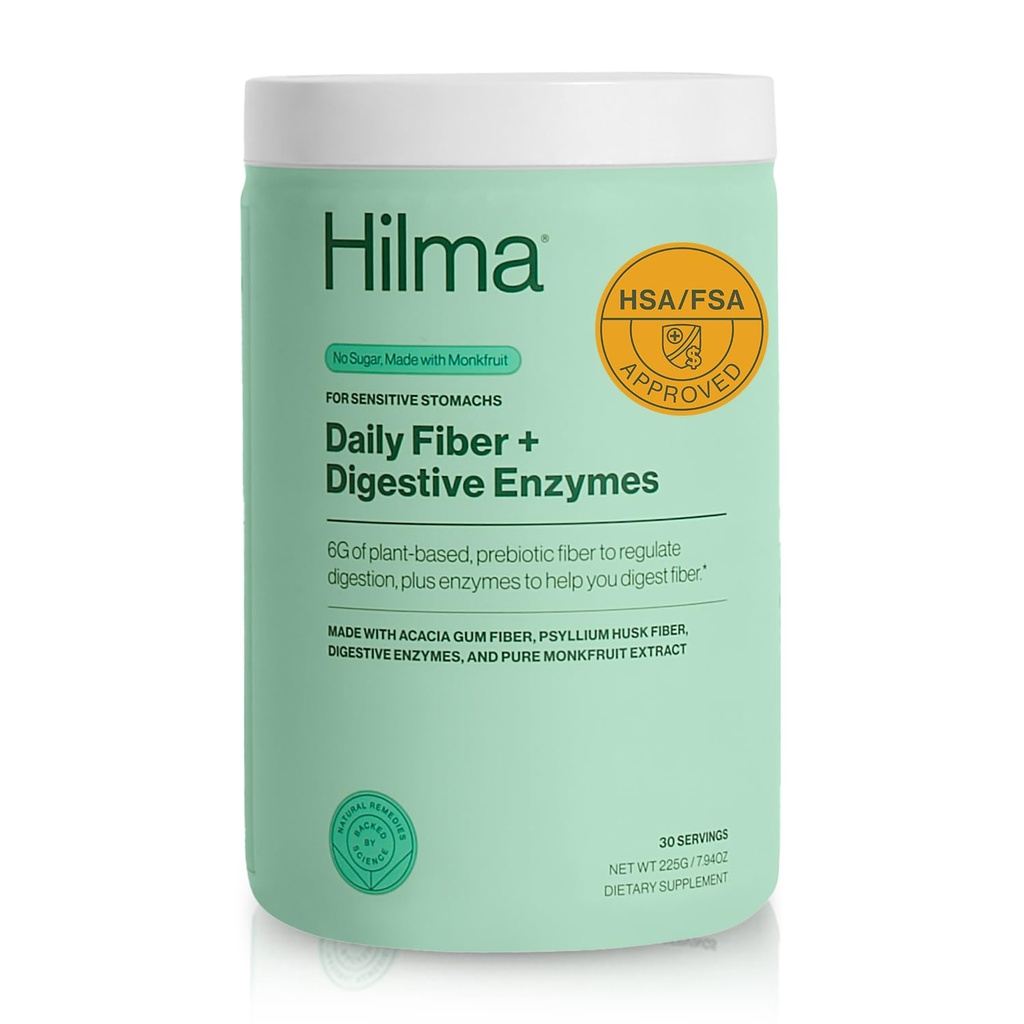 Hilma Daily Fiber and Dgestive Enzymes, Fiber Supplement Powder with Prebiotics and Enzymes Formulated with Psyllium Husk and Acacia, Gluteeniton, Vegaani, FSA Soveltuu, Divegestive Support, 30 Servings