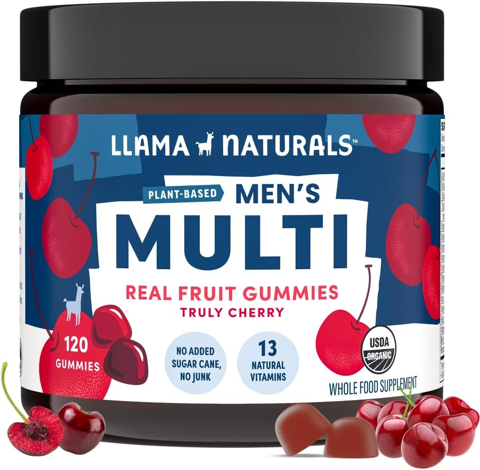 Llama Naturals Multivitamin för Män, Vegan, Organiska Gummies med vitamin D, C och K, Mäns Real Fruit Gummy Vitaminer, Chewable Multivitamin Supplement, No Added Sugar Cane, Cherry, 120 Ct
