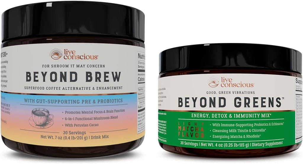 Live Conscious Beyond Greens & Beyond Brew | Delicious Greens Powder för uppblåstning + Mushroom Superfood Coffee Alternativ koffeinfri