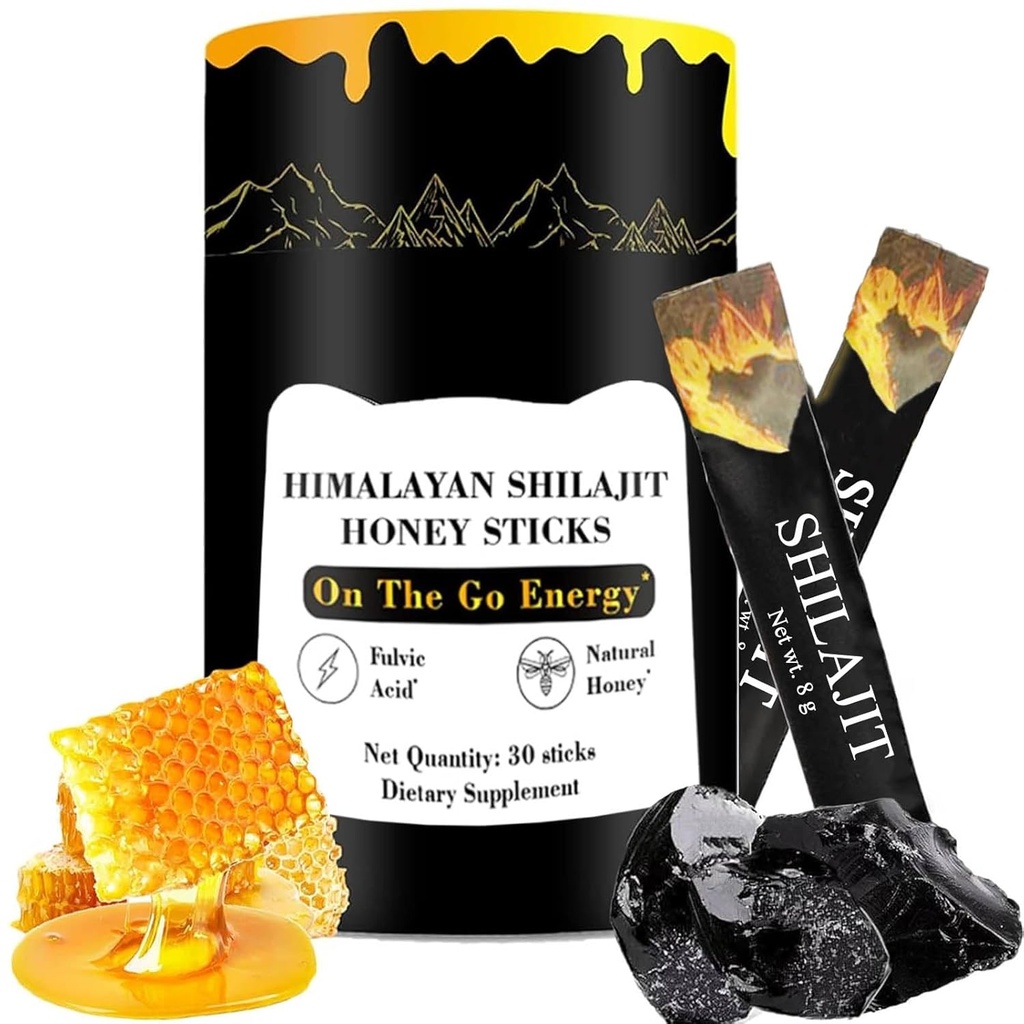 Shilajit Honey Sticks, Himalajan Shilajit Honey Sticks, Pure Himalajan Resin, Honey & Saffron, 30 High Absorption Sticks for Energy, Strength & Cognitive Support