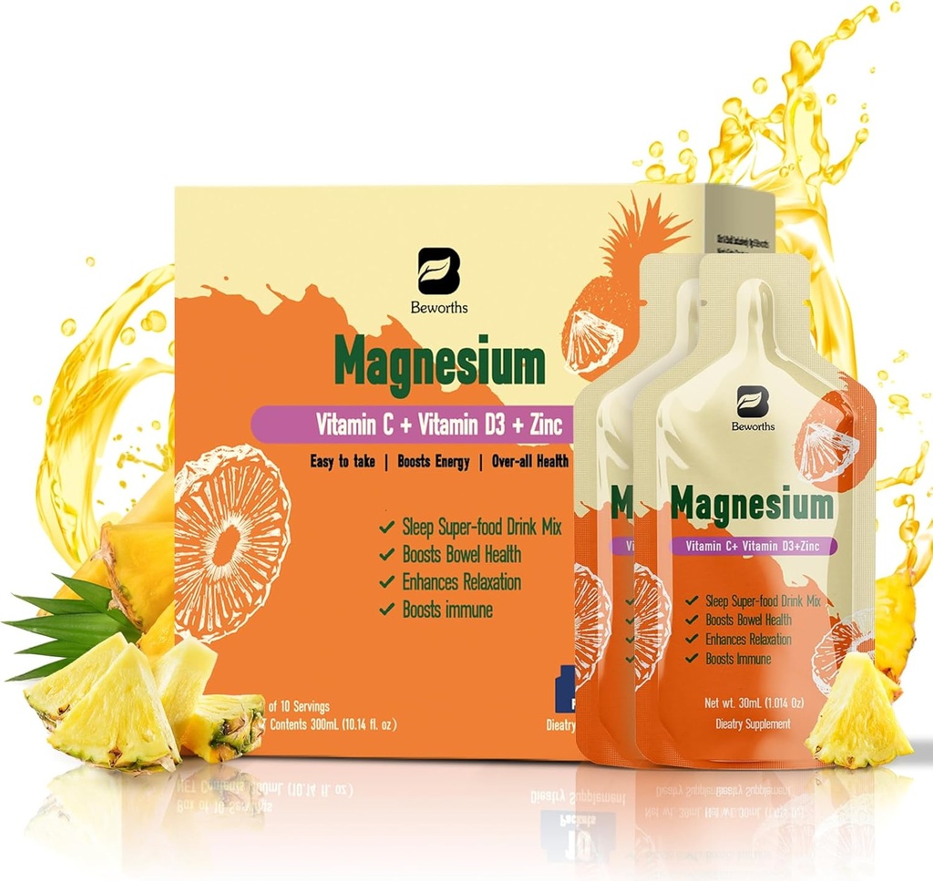 Magnesiumsilikaattinesteen täydennysosa, jossa on bromaiini, C-vitamiini, D3, B6, sinkki, suuri imeytyminen Magnesiumsilikaatti oraaliliuos, magnesium ummetus, Zzz & energia, ananas, 10 Fl Oz