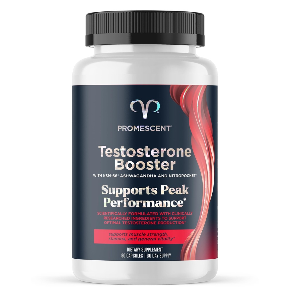 Promescent Testosteron Booster för Män Supplement w/Tongkat Ali (LongJack), KSM-66 Ashwagandha, Goat Weed, Fenugreek & Tribulus Terrestris, stöder naturlig energi, Stamina & Styrka, 90 kapslar
