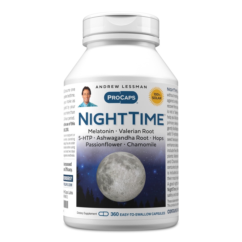Andrew LESSMAN Night Time 360 kapselia - 3 mg Melatoniini, Valerian, Ashwagandha, Passionflower, Humas, Kamomilla. Ei huomenta. Luonnollinen tuki, lempeä uni. Helppo niellä