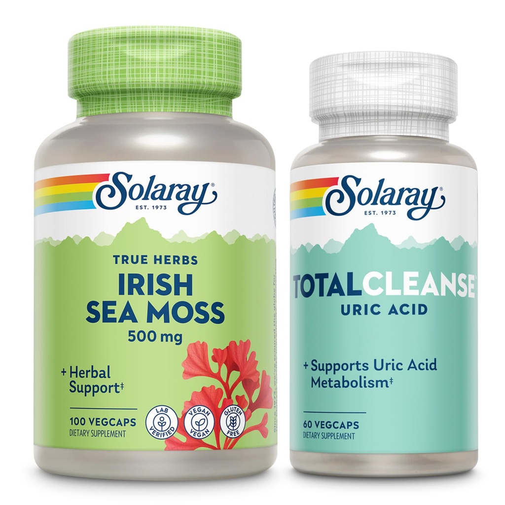 SOLARAY Irish Sea Moss och Total Cleanse Uric Acid - Wellness and Joint Health Bundle w/Naturally Occurring Vitamins, Minerals, Live Bacteria, Plus Tart Cherry, Turmeric och Celery Seed, 100/60ct