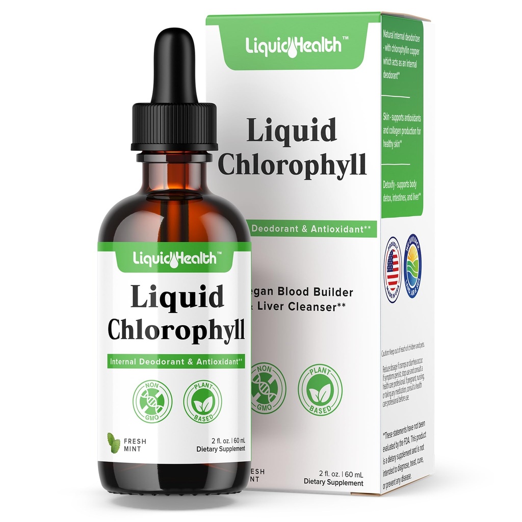 LIQUIDHEALTH Liquid klorofylli drops - sisäinen deodorizer, maksan detox, immuuni tuki, edistää kollageeni hiukset ja iho, lopettaa huono hengitys, vähentää ruokahalua - valmistettu Yhdysvalloissa, Vegan, ei-GMO (2 oz)