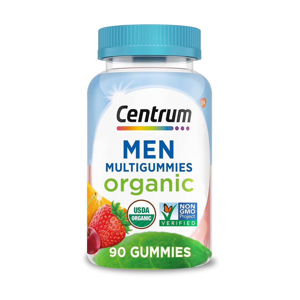 Centrum Men's Organic Multigummies, Men's Multivitamiini Gummies, Organic Multivitamiini miesten kanssa Essential Ravinteet Immuuneja tukea, energiaa ja lihasten toimintaa - 90 Count