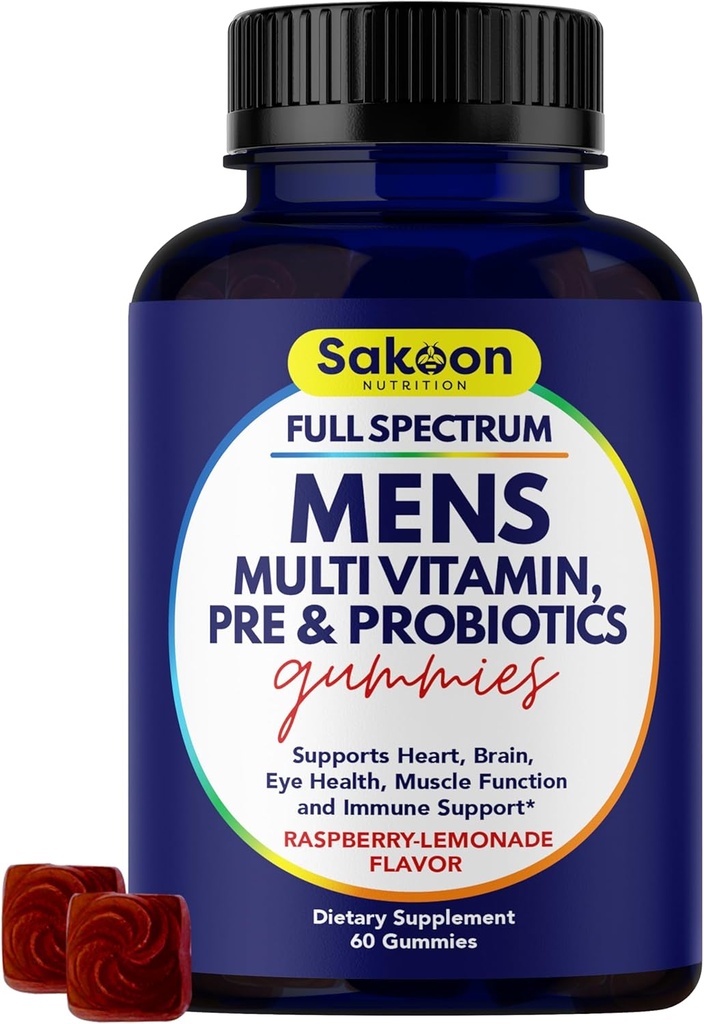 Sakoon ravitsemus Miesten monivitamiini Gummies probiootit ja prebiootit, aikuisten monivitamiini A, C, D, E, B & More, Tuki Immuuni, energia, terveys, 60