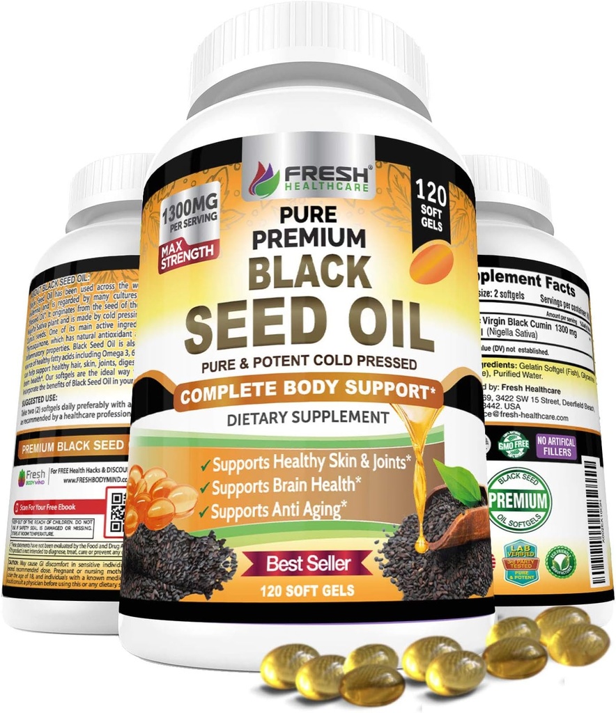 TUOREET TERVETULOA Musta siemenöljy kapselit kylmä Pressed 1300mg - 100% Pure ei-GMO Nigella Sativa - Immuuni & Joint Support - Premium Softgel Supplement