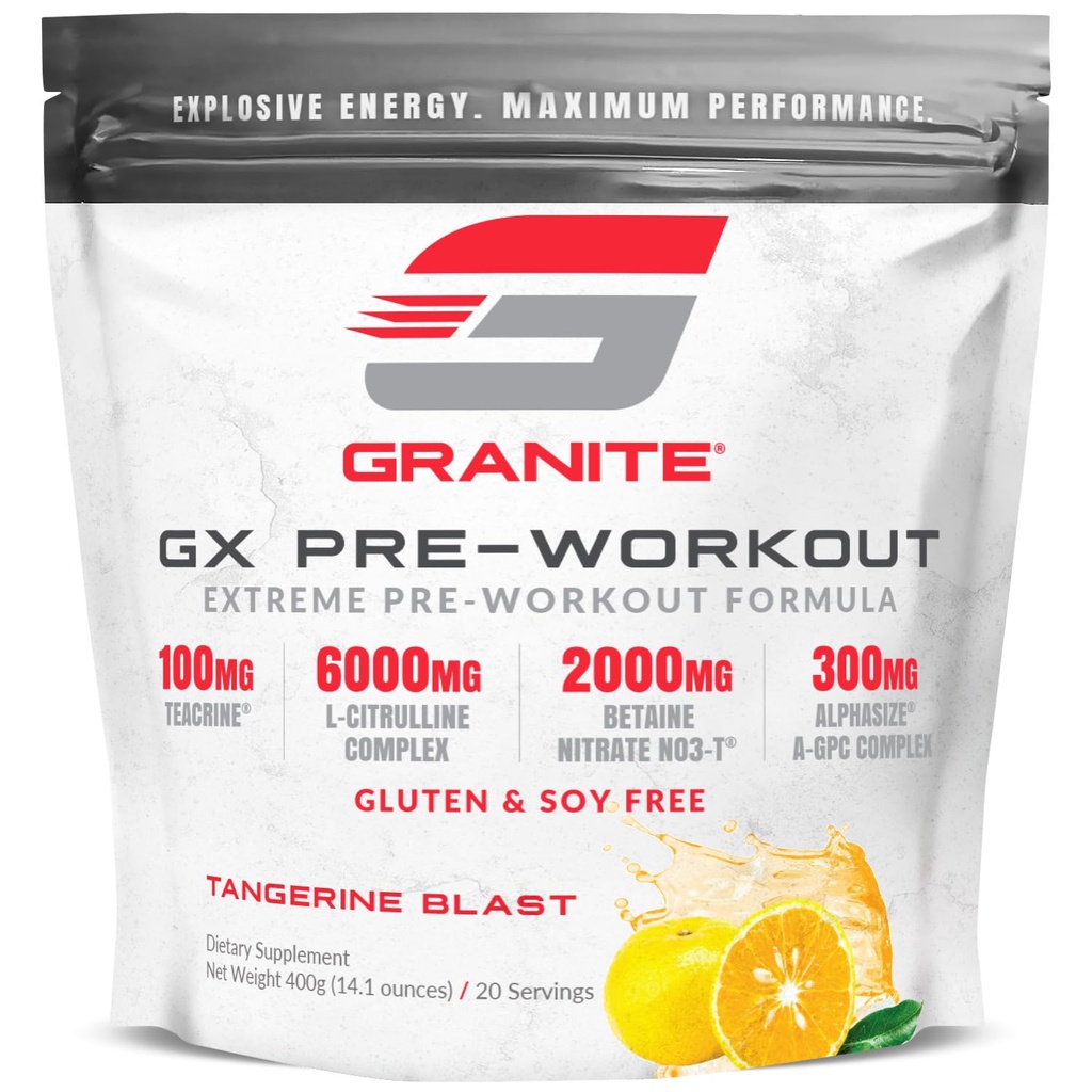 Granite GX Pre Treenout Supplement, Tangerine Blast Flavor, Tukee Focus, energia, & Performance kanssa Teacrine, L-Citrulline, Betaine, & A-GPC (20 Servings)