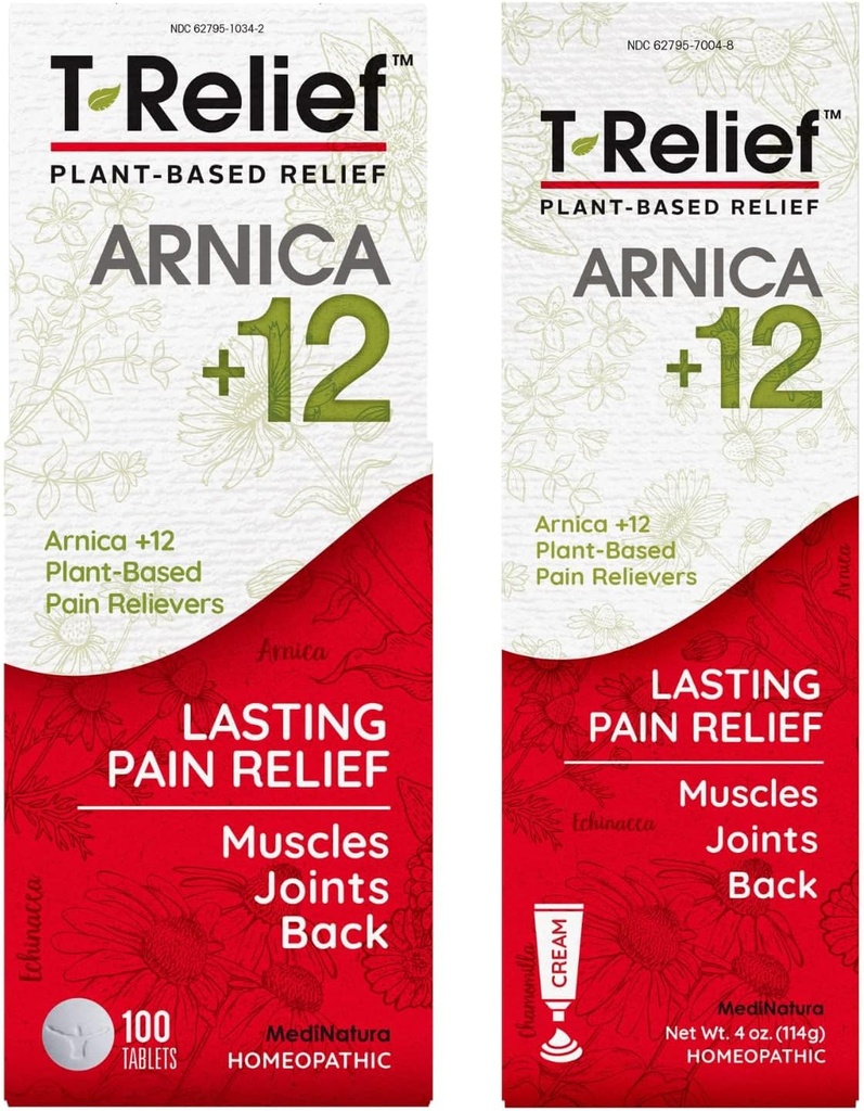 MediNatura T-Relief Arnica +12 Natural Pain Relivers 100ct T-Relief Natural Pain Relief Arnica +12 4oz Cream Bundle