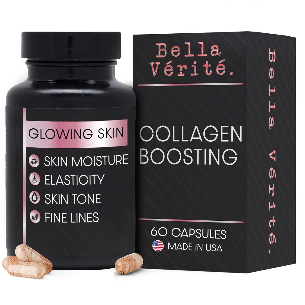 Bella Vérité Daily Collagen Supplement for Women & Men - Olennaisia vitamiineja nuorekas, Radiantti Complexion & Overall Health - Tuki hehkua & pehmeä iho, vähentää ryppyjä & kuivuus (60 kapselia)