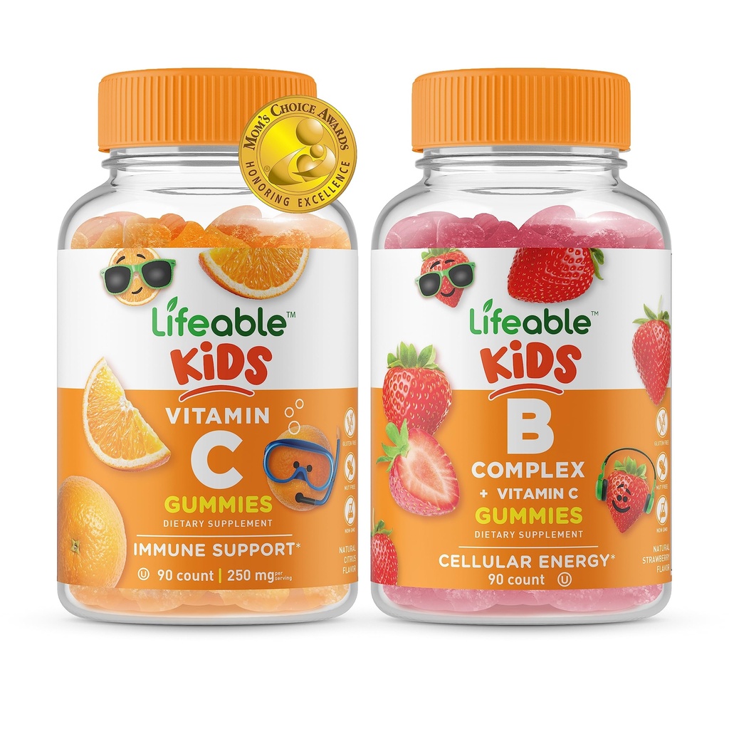 Livlig vitamin C-barn + B-komplexa barn, Gummies Bundle - Great Tasting, Vitamin Supplement, Gluten Free, GMO Free, Chewable Gummy